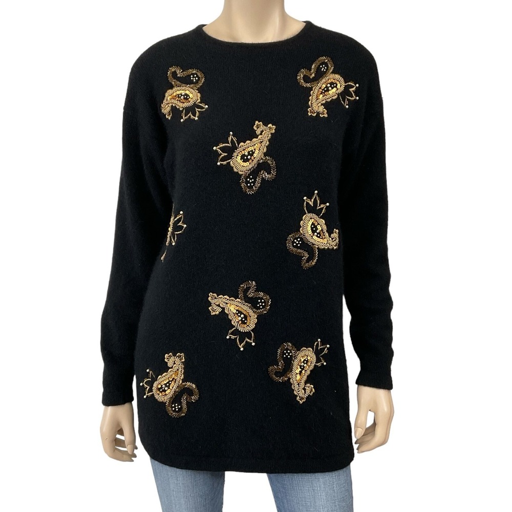Evan Picone Sweater Women Small Black Lambswool Angora Vintage 80s